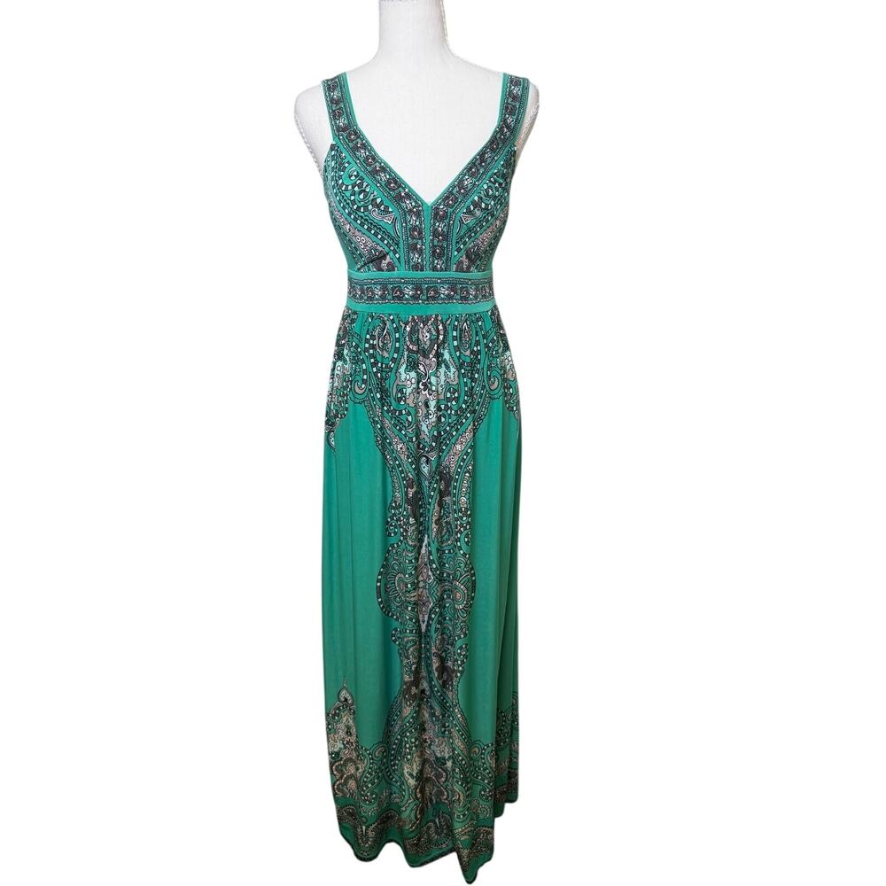 INC Green Paisley Rhinestone Maxi Dress V Neck Sleeveless Stretch